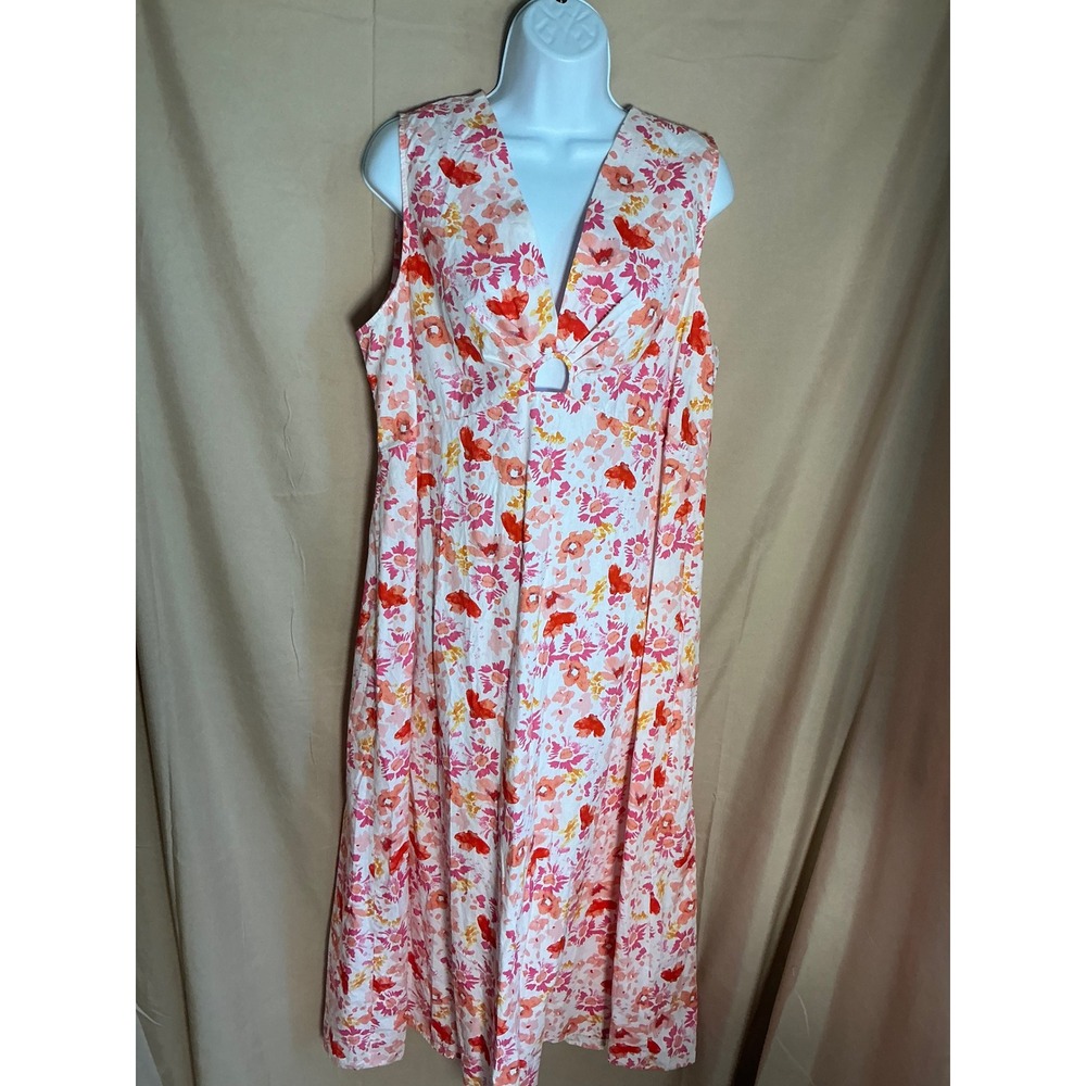 Chloe + Rene Floral Midi Dress Womens XL Pink Orange White Excellent V-Neck Zip